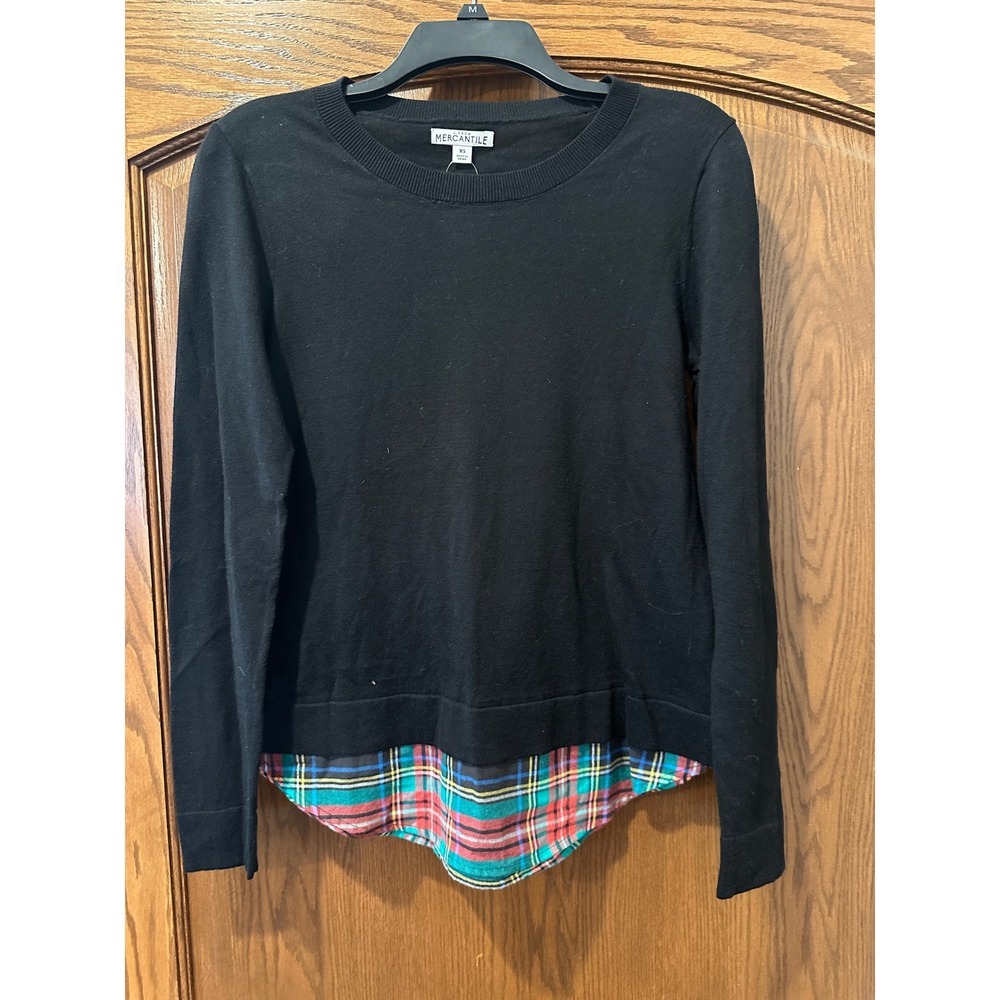 J. Crew Mercantile Black Sweater Plaid Trim Long Sleeve Crew Neck XS